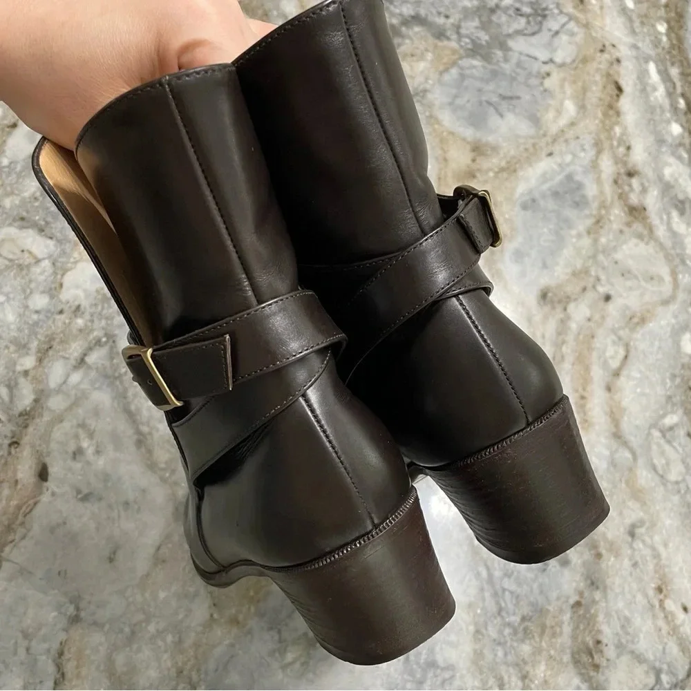 Salvatore Ferragamo Brown Leather Ankle Heeled Boots Size 6B Gold Buckle Detail